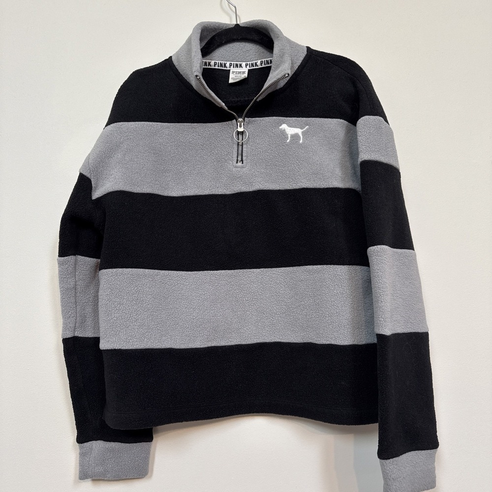 Victoria's Secret‎ Pink Striped Gray fleece Sweatshirt Sz M 1/4 Zip Pullover Y2K